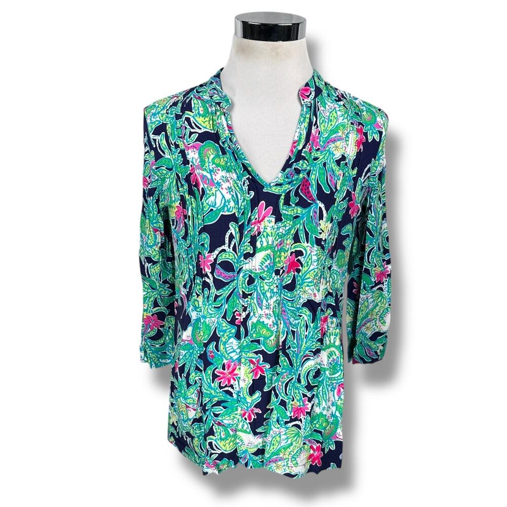 Lilly Pulitzer Sarasota Tunic Top Women’s‎ Medium Green Black Trunk Show Pintuck